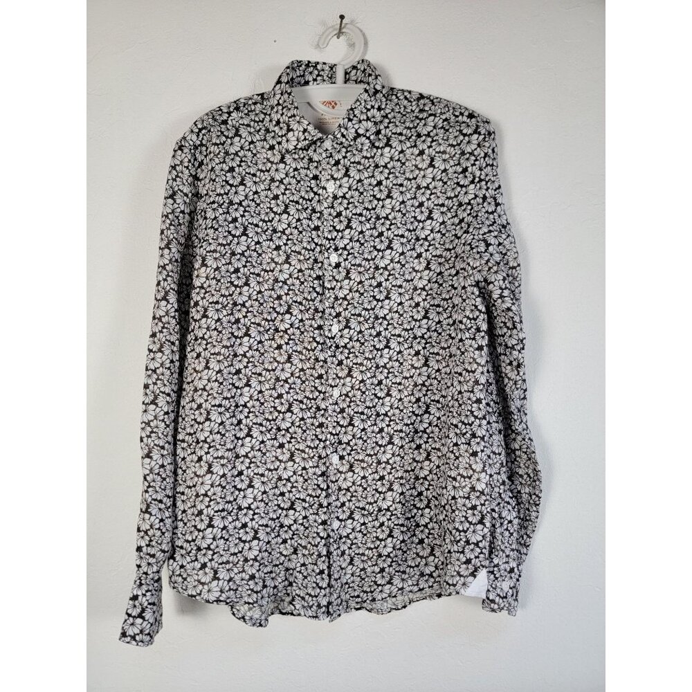 Fradi Mens Black White Floral Long Sleeve Button-Up Linen Shirt Size 15 3/4 - 40